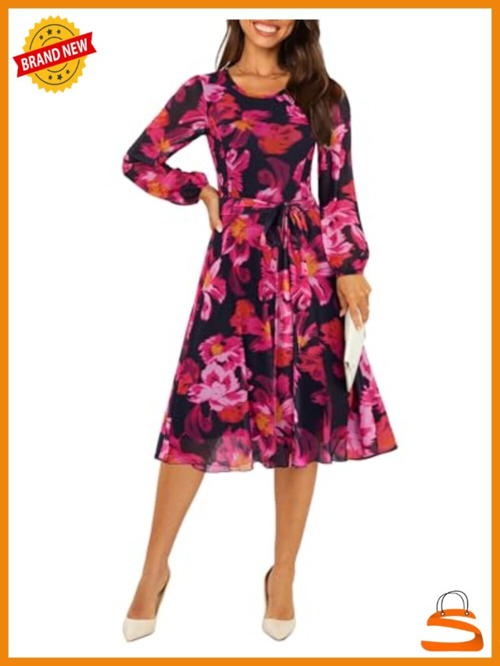 Women's Mesh Long Sleeve Floral Midi Dress Crew Neck Puff Sleeve Semi Formal